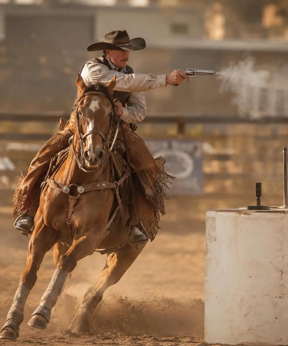 Texas Smokin' Guns rider — Cowboy Mounted Shooting Cowboy mounted shooting rider competing on horseback