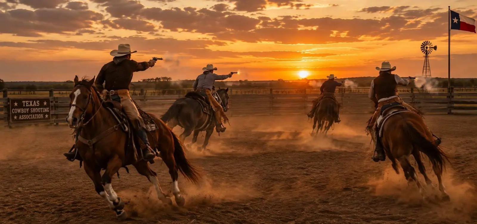 Come ride with Texas Smokin' Guns Cowboy mounted shooting riders circling a Texas arena at sunset